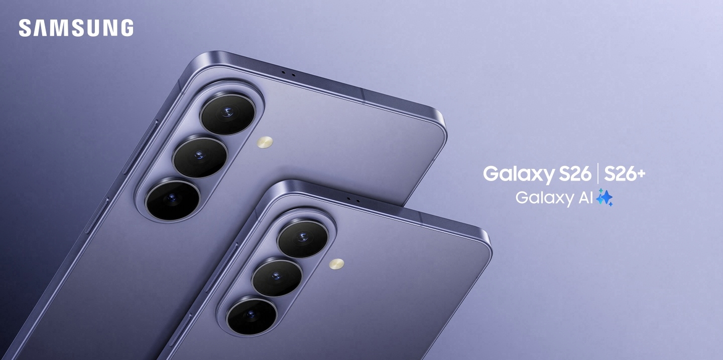 Eine Nahaufnahme der R�ckseite eines Galaxy S26 und eines Galaxy S26 Plus, auf der die Kameralinsen hervorgehoben werden. Galaxy AI.