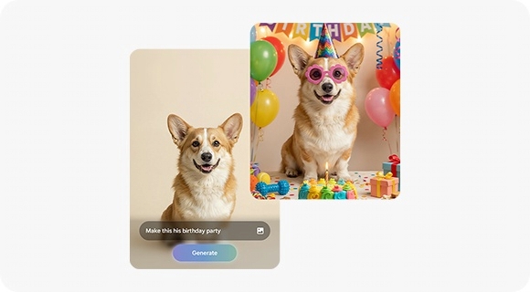 Zu sehen ist das Foto eines Hundes. Im Foto-Assistenten k�nnen Nutzer*innen mit Hilfe der Eingabe einer Textanweisung beschreiben, was ge�ndert werden soll. Nach der Eingabe von 