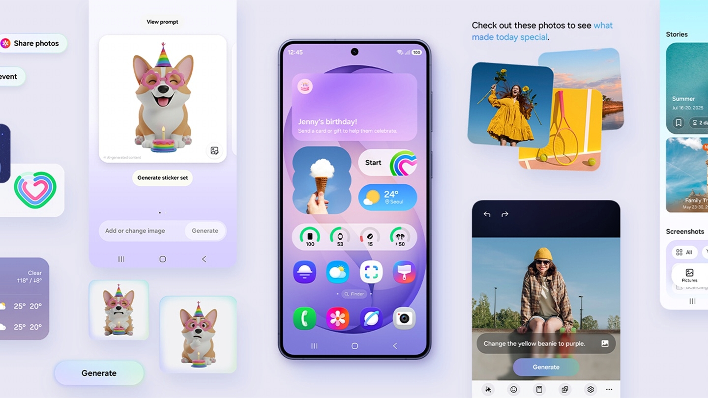 Zu sehen ist ein Galaxy S26+ vom Hauptdisplay aus. Verschiedene aktive Funktionen, die besser auf die Bed�rfnisse und Gewohnheiten des Benutzers zugeschnitten sind, flankieren das Ger�t. Dazu geh�ren Creative Studio, Foto-Assistent und mehr.