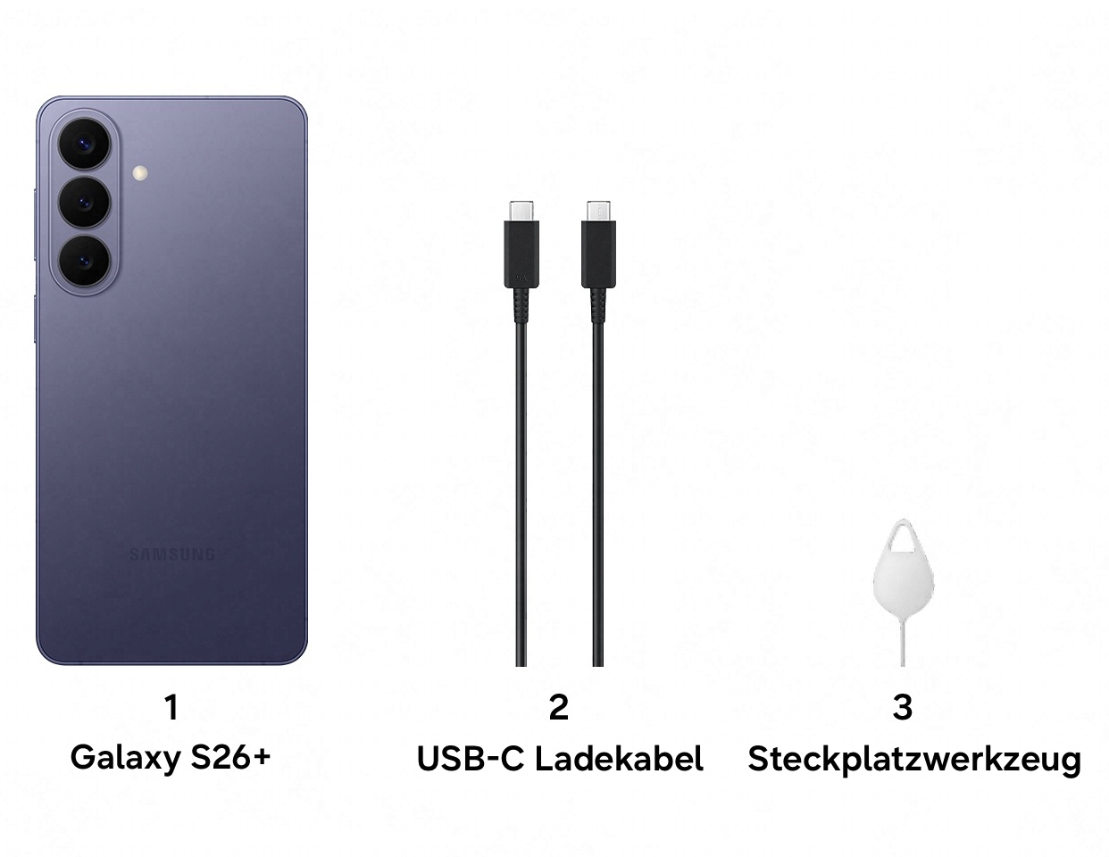 1. Galaxy S26+, 2. USB-C Ladekabel, 3. Steckplatzwerkzeug.