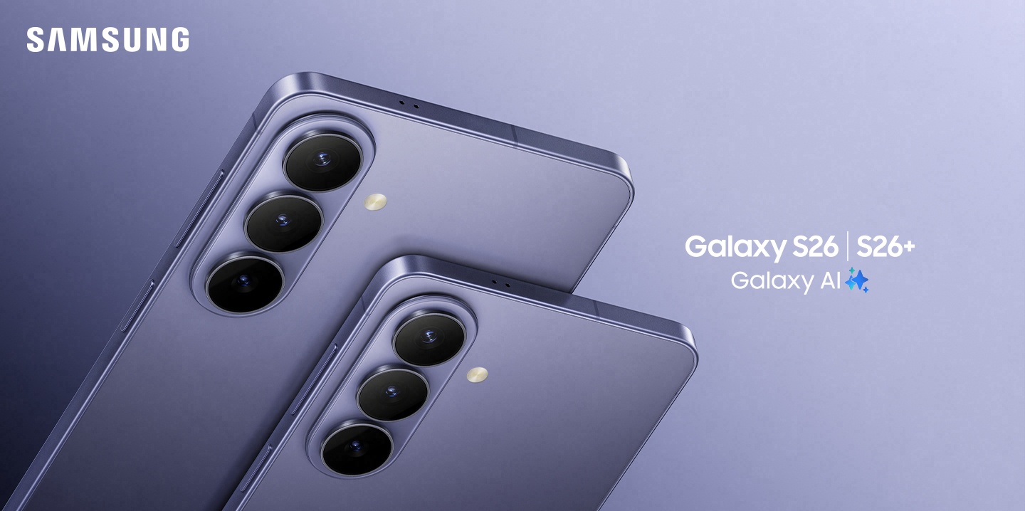 Eine Nahaufnahme der R�ckseite eines Galaxy S26 und eines Galaxy S26 Plus, auf der die Kameralinsen hervorgehoben werden. Galaxy AI.