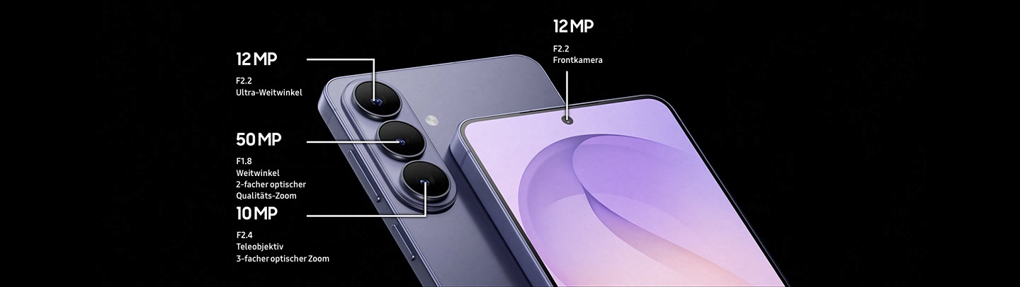 Nahaufnahme der Hauptkamera eines Galaxy S26 Plus. Jedes Objektiv f�hrt aus. Daraufhin gleitet ein weiteres Smartphone daneben nach oben und ist vom Hauptdisplay aus zu sehen.