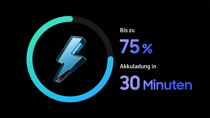 Ein Blitz ist zu sehen mit einem halb ausgef�llten kreis. Bi szu 75% Akkuladung in 30 Minuten.