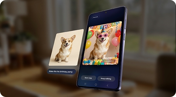 Zu sehen ist das Foto eines Hundes. Im Foto-Assistenten k�nnen Nutzer*innen mit Hilfe der Eingabe einer Textanweisung beschreiben, was ge�ndert werden soll. Nach der Eingabe von 