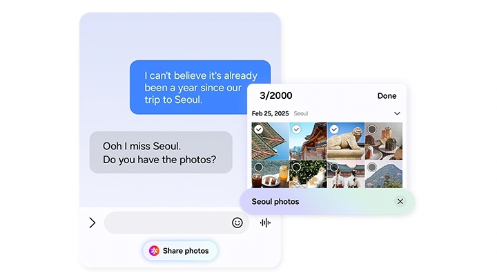 W�hrend eines Nachrichtenaustausches fragt jemand nach Fotos von einer Reise nach Seoul. Daraufhin schl�gt Now Nudge dem*der Nutzer*in auf intelligente Weise die Schaltfl�che 