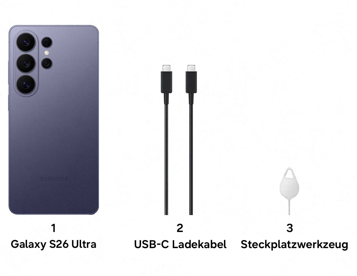 1. Galaxy S26 Ultra, 2. USB-C Ladekabel, 3. Steckplatzwerkzeug.