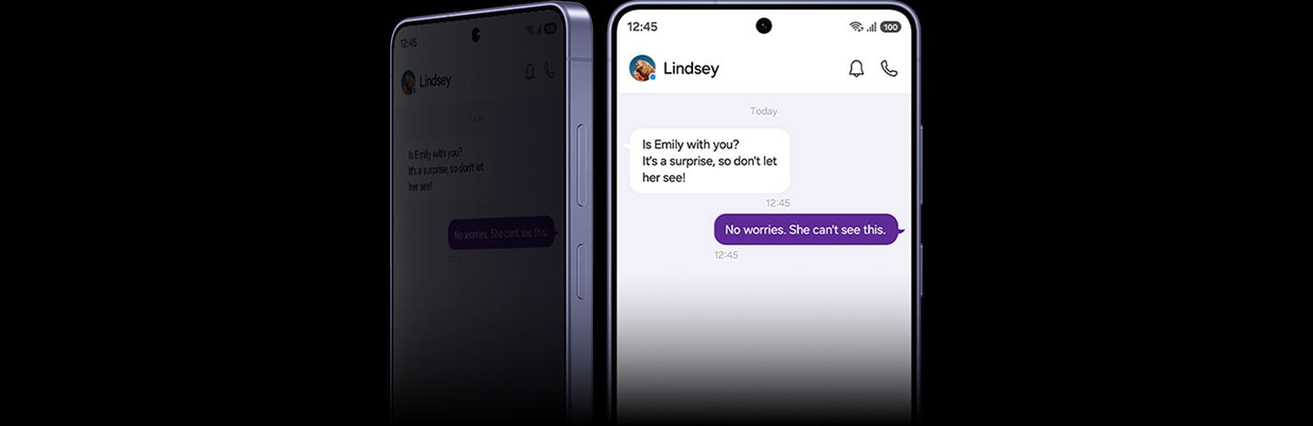 Nahaufnahme des Displays des Galaxy S26 Ultra. Auf dem Display ist eine aktive Chat-Unterhaltung zu sehen. Das Ger�t wird leicht zur Seite gedreht, sodass das gesamte Display nicht mehr zu sehen ist.