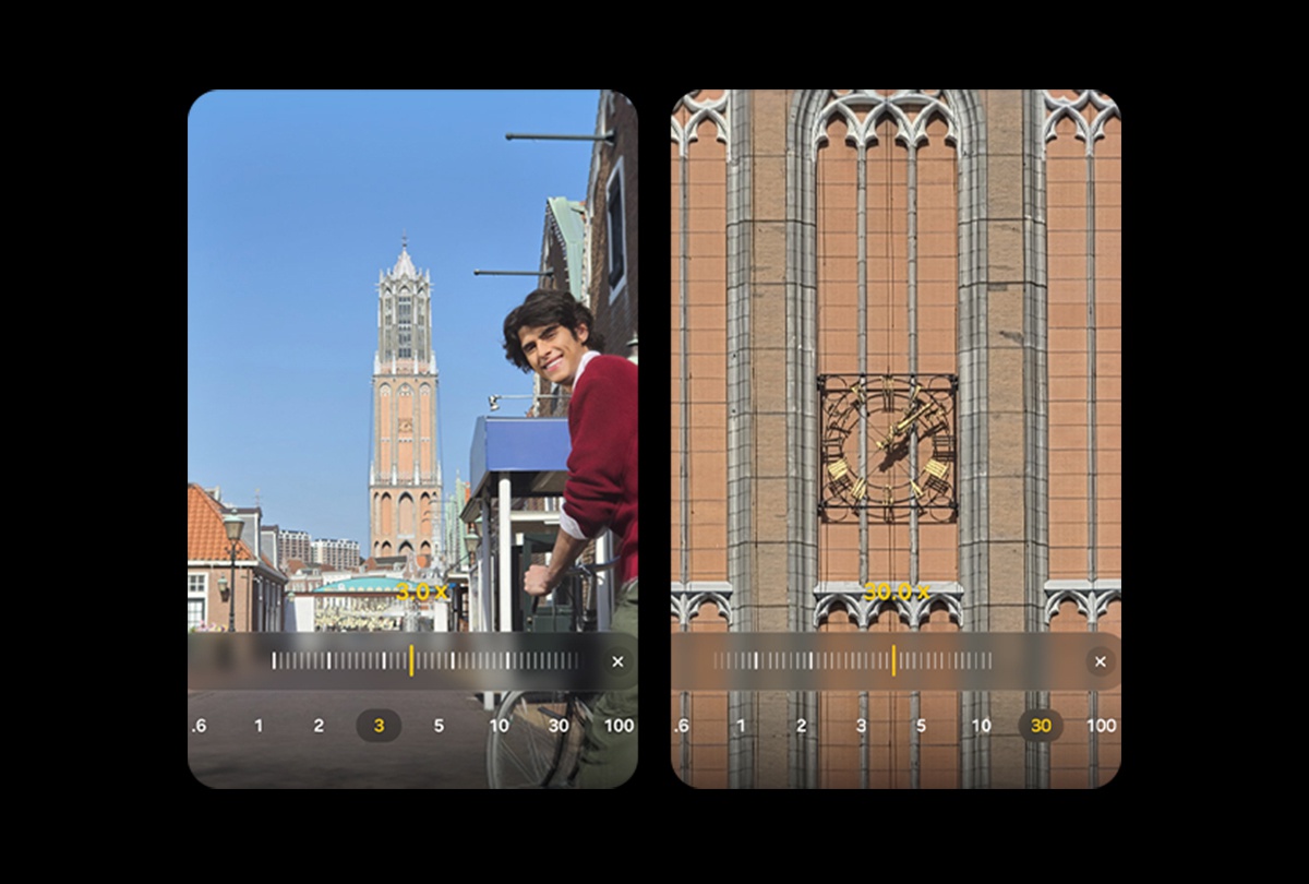 Ein Foto wird mit 100-fachem Zoom aufgenommen. Dann mit 10-fachem Zoom, 3-fachem Zoom, 0,6-fachem Zoom und 30-fachem Zoom. Ob vergr��ert oder verkleinert - mit Space Zoom k�nnen die Details klar erkennbar bleiben.