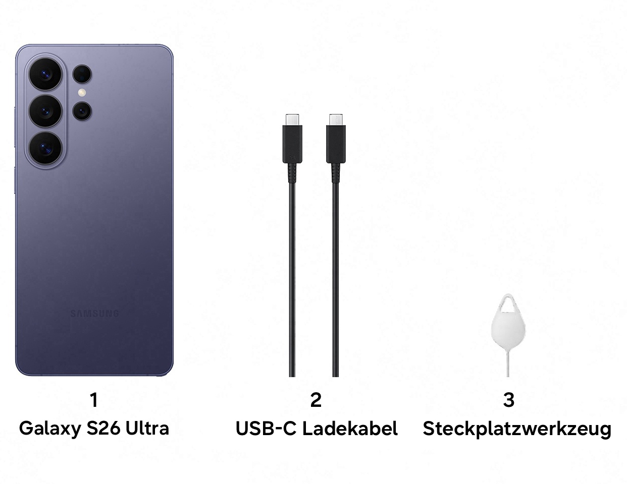 1. Galaxy S26 Ultra, 2. USB-C Ladekabel, 3. Steckplatzwerkzeug.