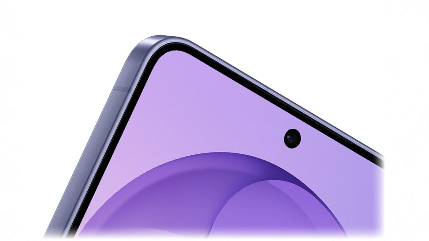 Nahaufnahme einer Ecke eines Galaxy S26. Vor seinem Hauptdisplay schwebt eine Glasscheibe.