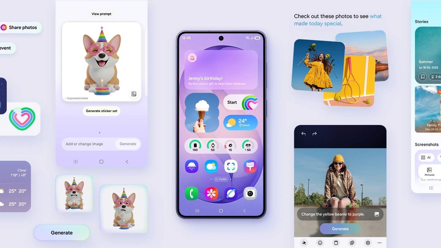 Zu sehen ist ein Galaxy S26 vom Hauptdisplay aus. Verschiedene aktive Funktionen, die besser auf die Bed�rfnisse und Gewohnheiten des Benutzers zugeschnitten sind, flankieren das Ger�t. Dazu geh�ren Creative Studio, Foto-Assistent und mehr.