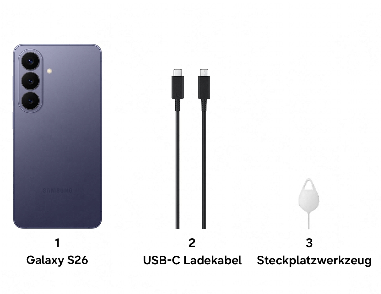 1. Galaxy S26, 2. USB-C Ladekabel, 3. Steckplatzwerkzeug.