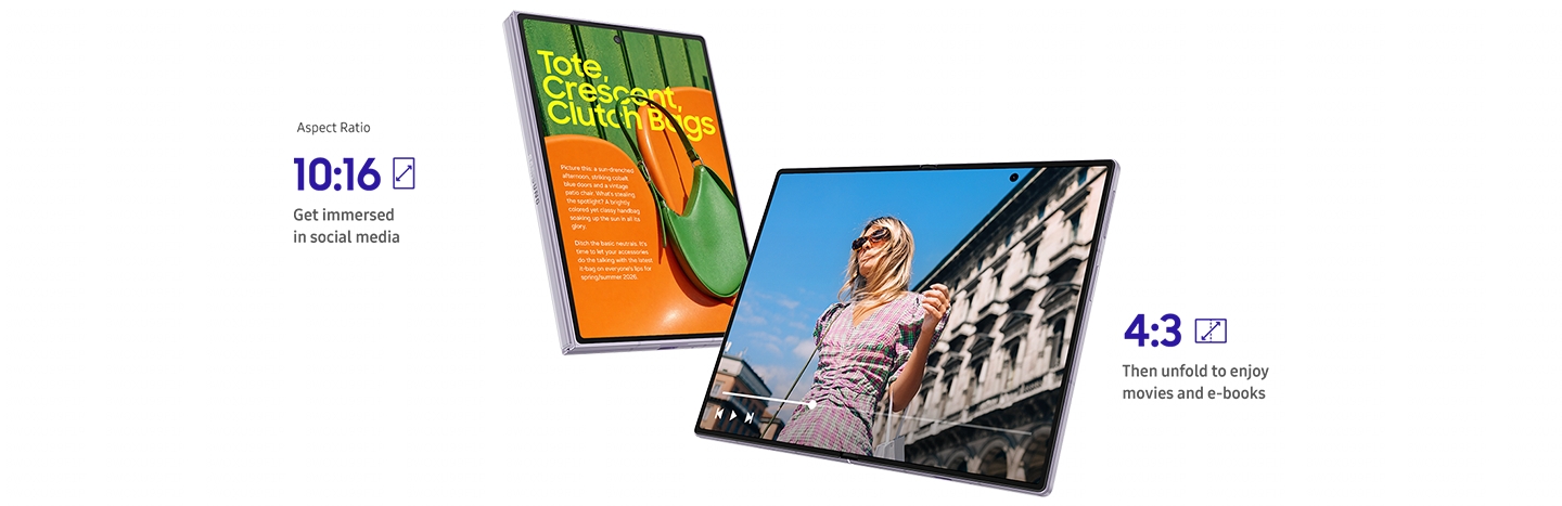 Es sind zwei Galaxy Z Fold8 zu sehen. Ein Ger�t ist zusammengeklappt und zeigt ein Magazin auf dem 10:16-Frontdisplay. Das andere Ger�t ist aufgeklappt und auf dem 4:3-Hauptdisplay wird ein Video abgespielt.